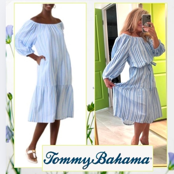 NWT,TOMMY BAHAMA, Vill Solstice Stripe Off The Shoulder Cotton Dress Blue Vault - Picture 2 of 14
